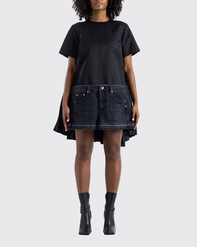 Sacai Ausgestelltes Minikleid aus Denim und Seide mit asymmetrischem Faltenrock Schwarz