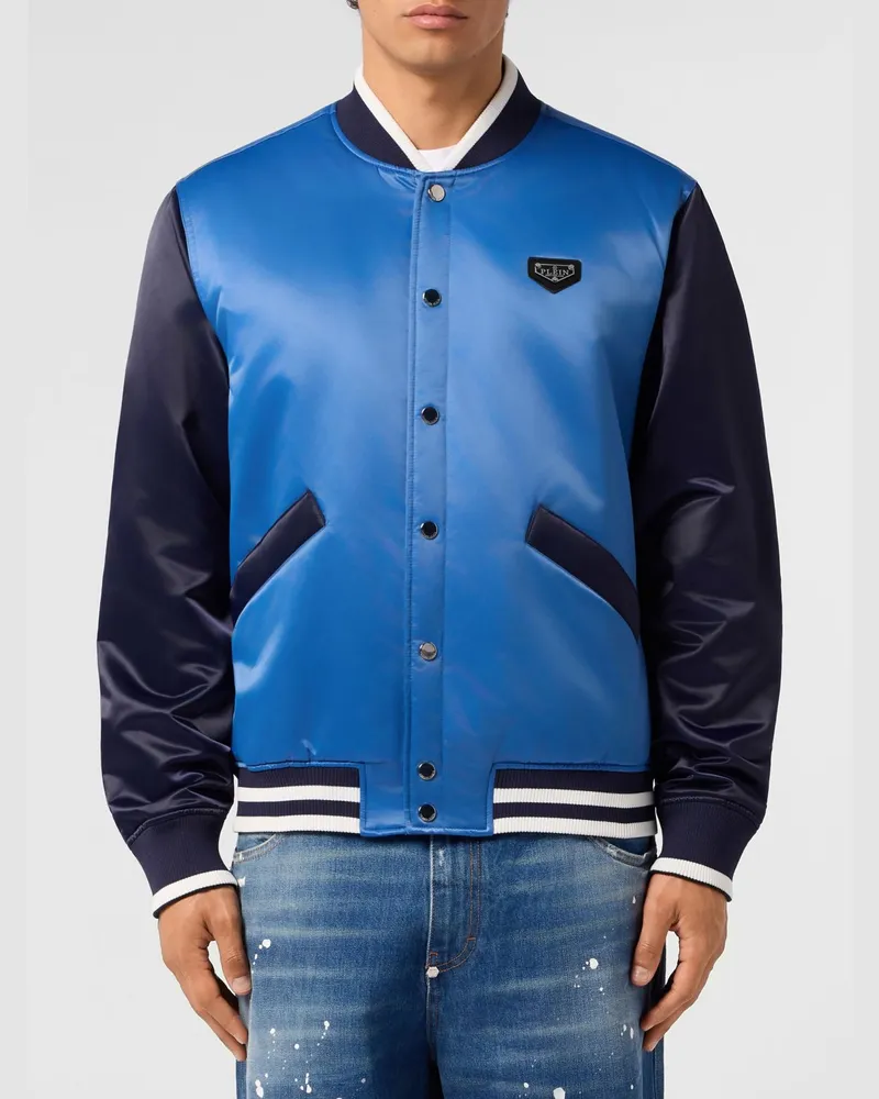 Philipp Plein Gepolsterte Satin-Bomberjacke im College-Stil mit Knopfverschluss Türkis