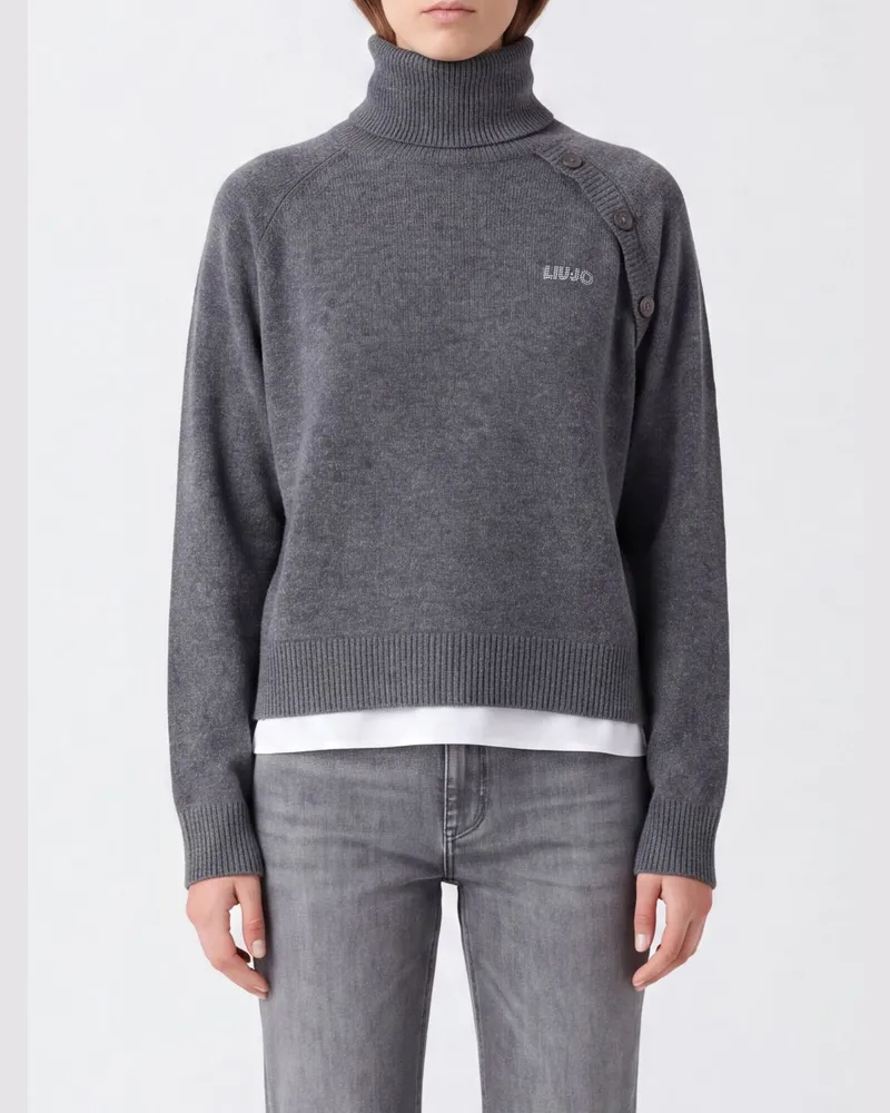 Liu Jo Rollkragenpullover von aus Wolle und Baumwolle mit Schulterknöpfen und Kontrastlogo Grau