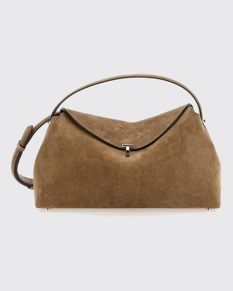 Totême Schultertasche T-Lock aus Veloursleder mit Monogramm Beige