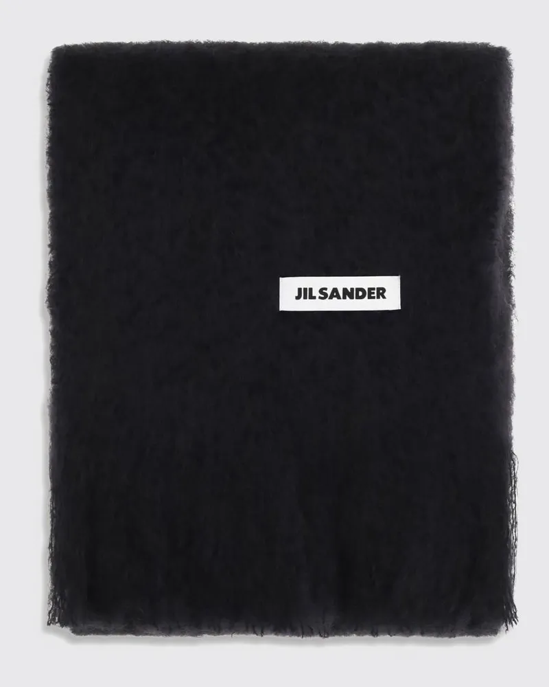 Jil Sander Schal aus Mohair-Wollmischung mit Logo-Patch und Fransen Schwarz