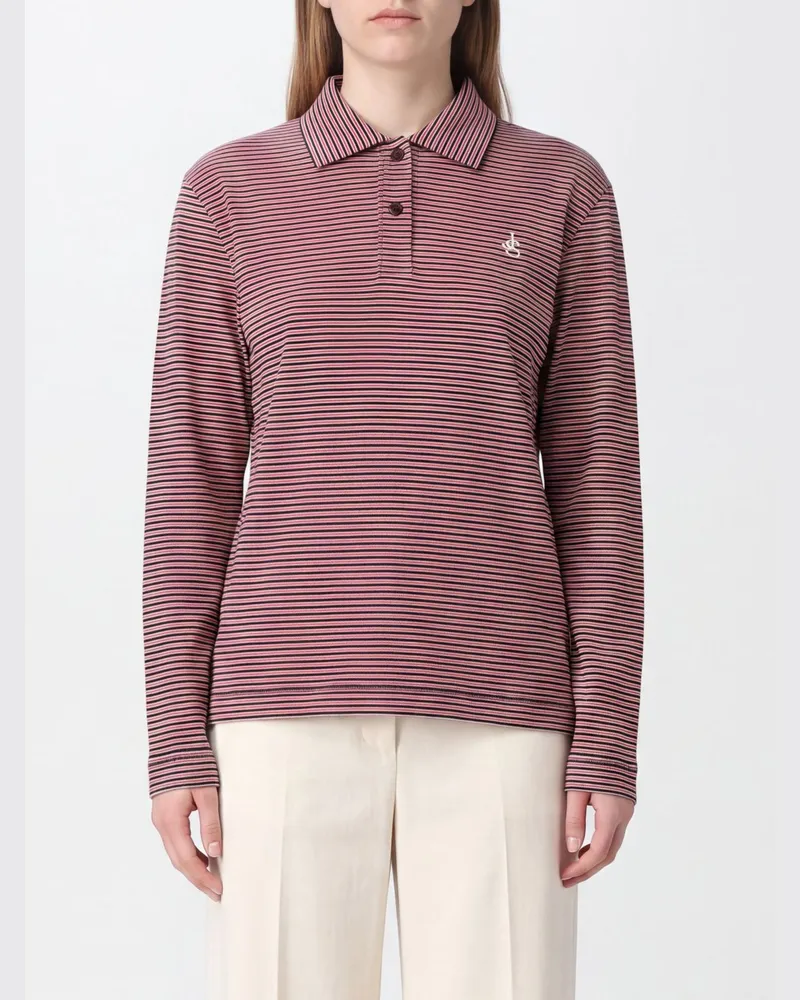 Jil Sander Gestreiftes Langarm-Poloshirt aus Baumwolle mit gesticktem Logo am Kragen Rot