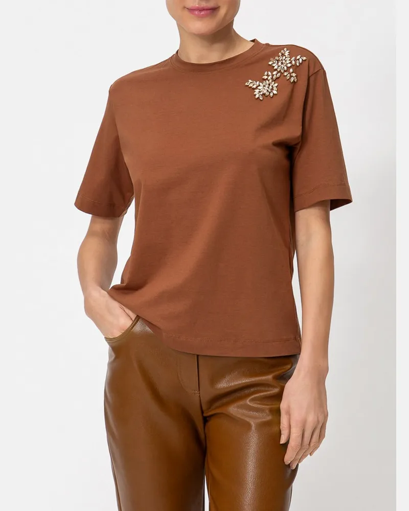 Twin-Set T-Shirt von aus Baumwolle mit Kristallstickerei Beige