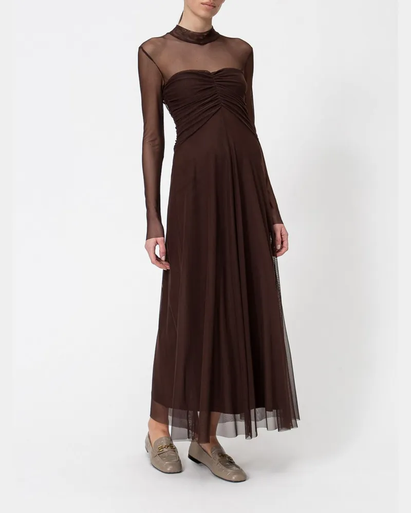 Twin-Set Langärmeliges Tüll-Abendkleid mit Rundhalsausschnitt Braun