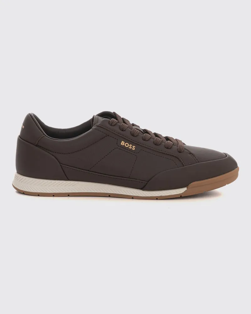 HUGO BOSS Low-Top Sneaker aus Leder mit aufgedrucktem Logo und kontrastierender Gummisohle Braun