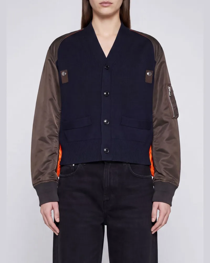 Sacai Zweifarbiger Cardigan aus Baumwolle und Nylon mit Reißverschlusstaschen Navy
