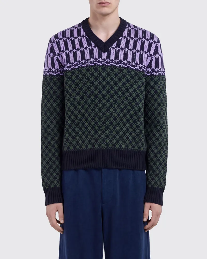 Marni Pullover mit V-Ausschnitt aus reiner Wolle mit geometrischem Muster Grau