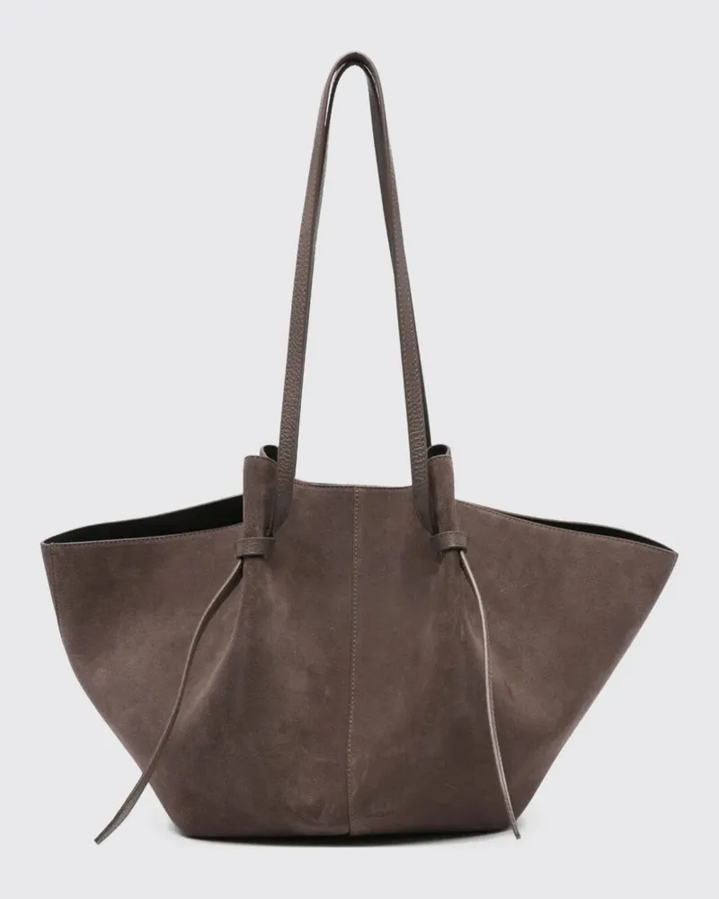YUZEFI Große Mochi Schultertasche aus Veloursleder mit doppeltem Henkel Braun