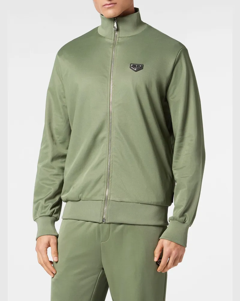 Philipp Plein Sweatshirt aus Baumwollmischung mit hohem Kragen, Reißverschluss und appliziertem Logo Grün
