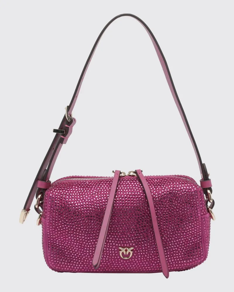 Pinko Schultertasche aus Kalbsleder mit Strasssteinen und Love Birds-Metalllogo Fuchsia
