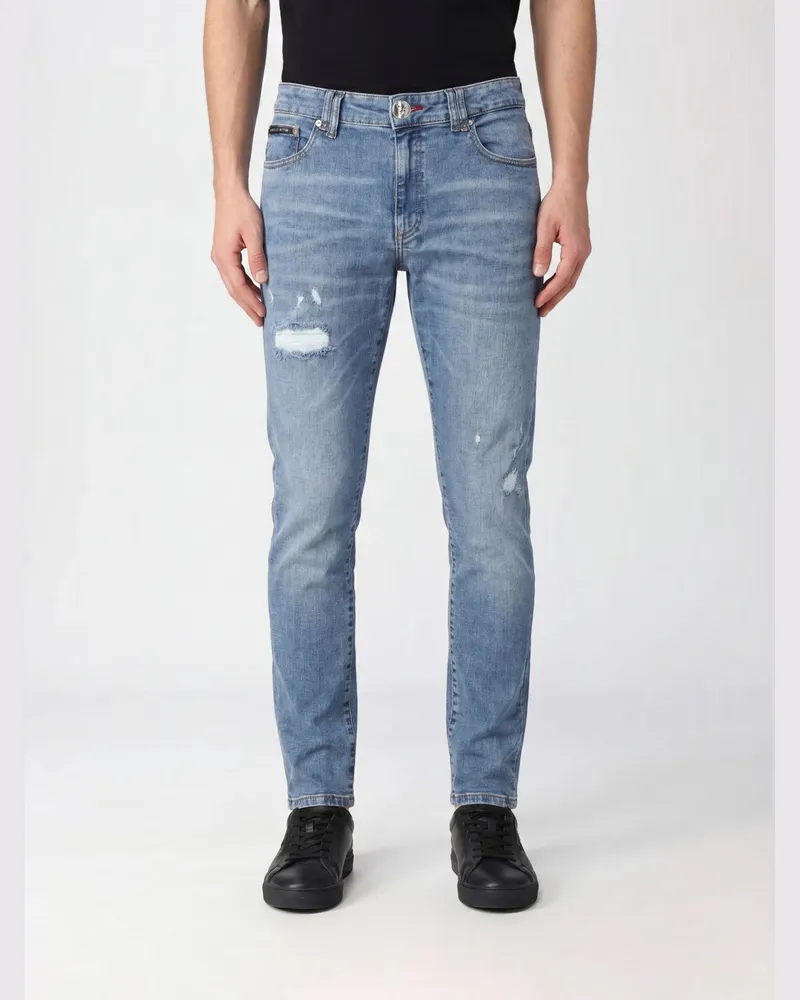 Philipp Plein Slim-Fit-Jeans aus Distressed-Baumwolldenim mit mittlerer Leibhöhe Blau