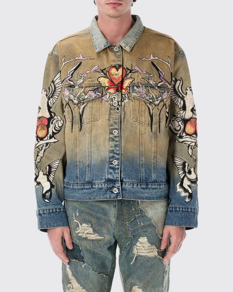 WHO DECIDES WAR Kurze Jeansjacke mit Grafikdruck und Used-Effekt Denim