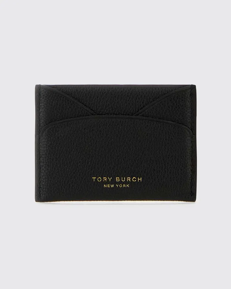 Tory Burch Flaches Mini-Kartenetui aus genarbtem Leder mit Logo Schwarz