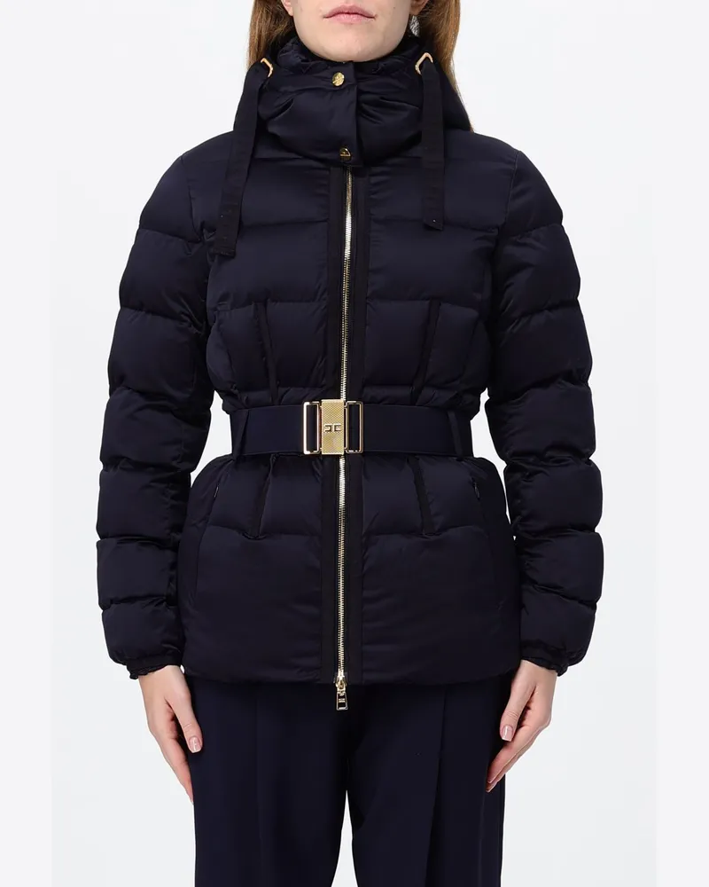 Elisabetta Franchi Kurze Stepp-Daunenjacke mit abnehmbarer Kapuze und Gürtel Blau