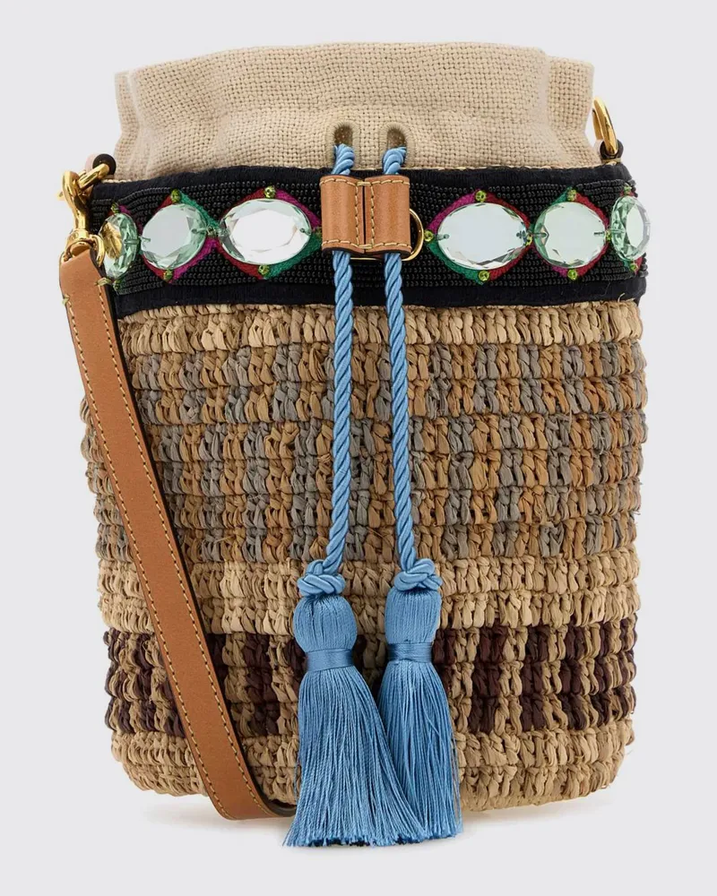 Valentino Garavani VLogo Signature Mini-Beuteltasche aus Bast mit Stickerei Sand