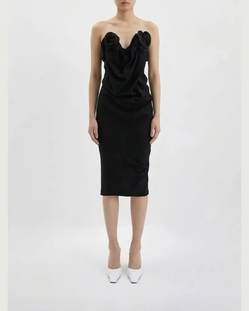 Magda Butrym Langes Abendkleid mit Herzausschnitt und 3D-Blumenapplikation Schwarz