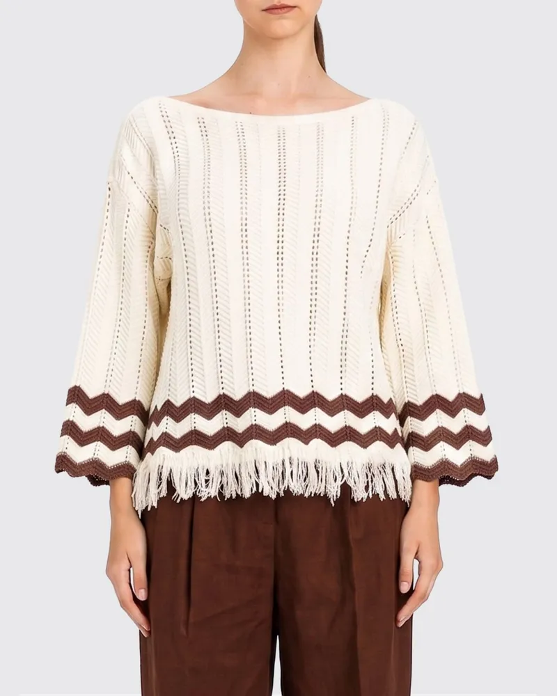 Twin-Set Pullover aus Baumwolle mit Zickzackmuster und Fransensaum Weiß