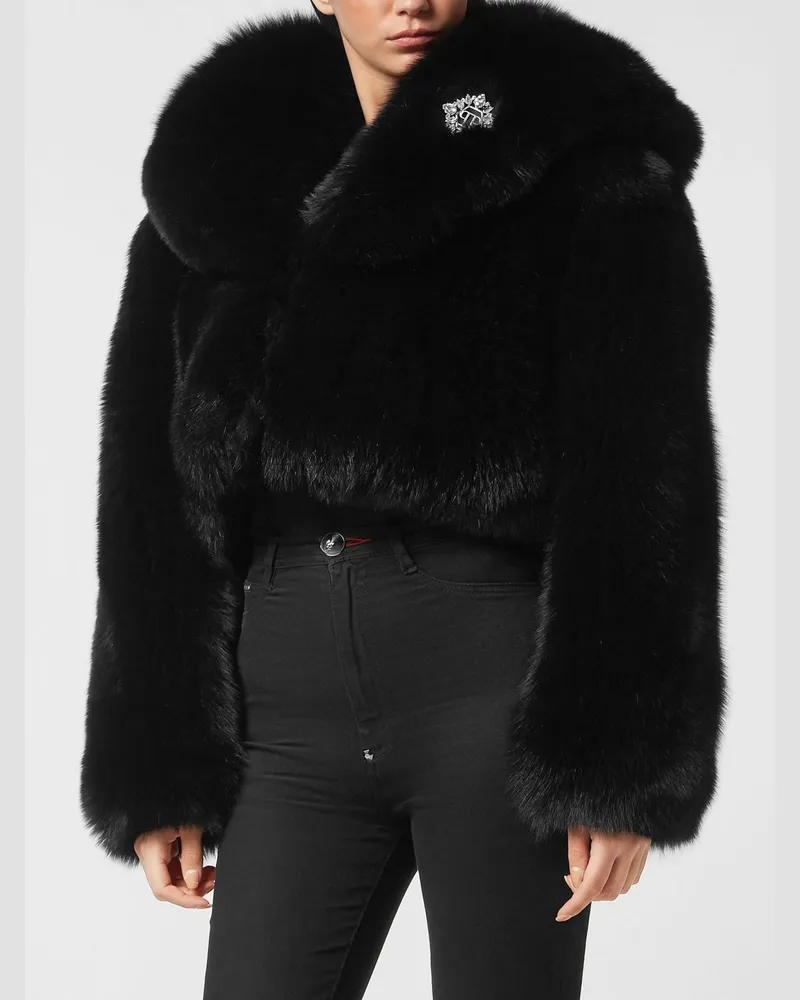 Philipp Plein Gecroppte Fuchspelzjacke von mit Kristallen Schwarz