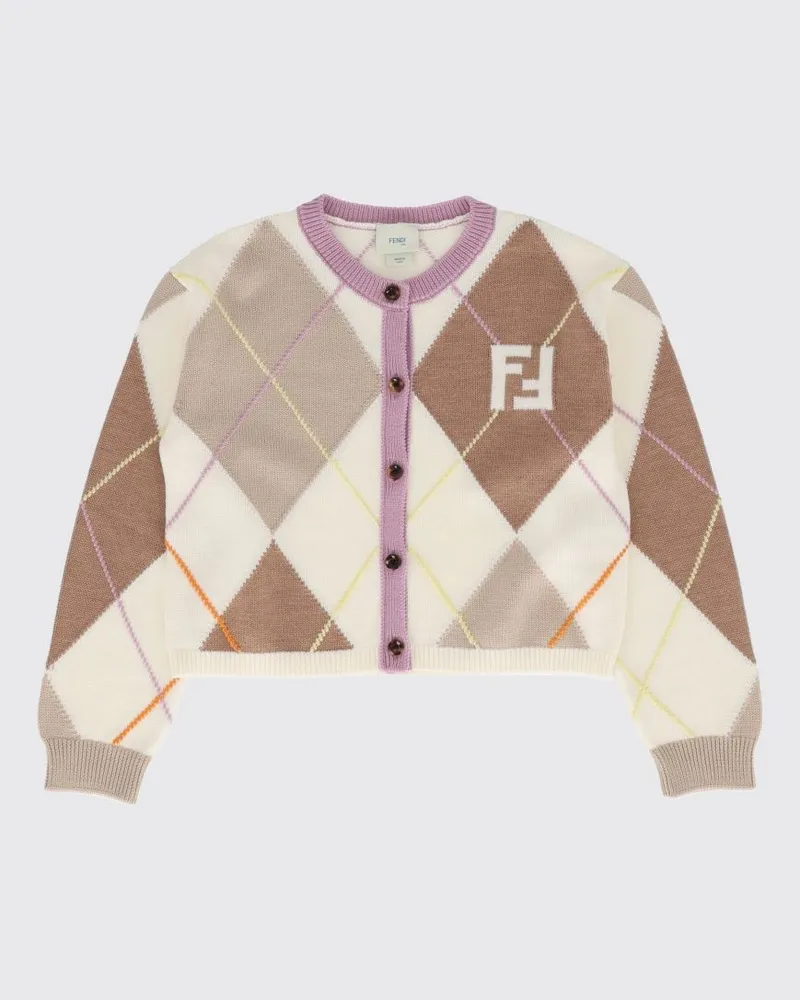 Fendi Argyle-Cardigan für Jungen aus reiner Schurwolle mit FF-Logo Natural