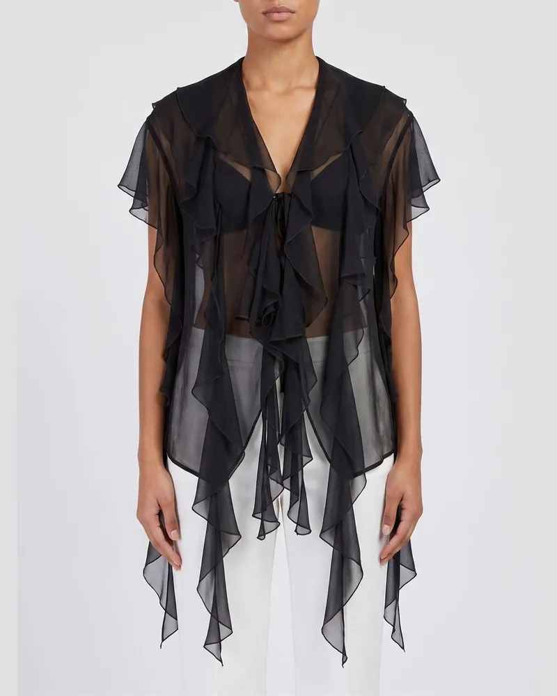 Erika Cavallini Georgette-Hemd mit Rüschen Schwarz