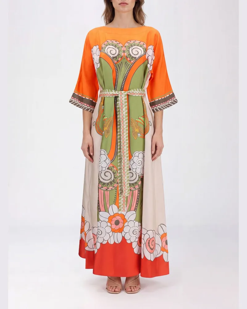 La DoubleJ Langes A-Linien-Seidenkleid von mit Ethno-Print und Taillengürtel Grün