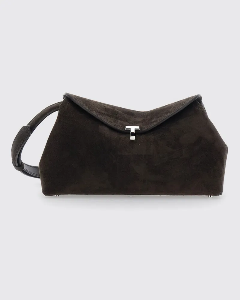 Totême T-Lock Wildleder-Clutch mit metallischem Monogramm Braun