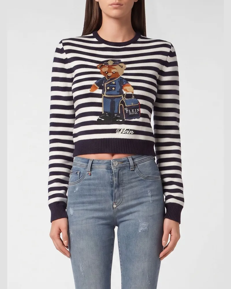 Philipp Plein Gestreifter Cropped-Pullover aus Wollmischung mit Teddy-Print von Navy