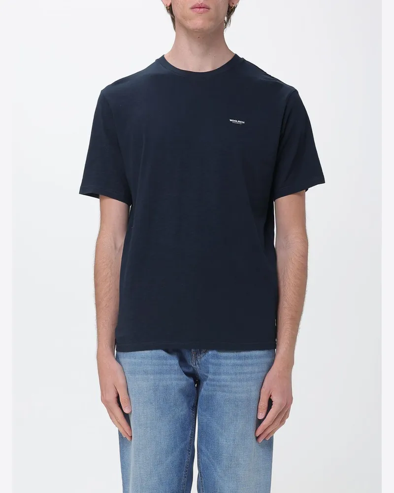 Woolrich Baumwoll-T-Shirt mit Rundhalsausschnitt und Kontrast-Logodruck von Blau