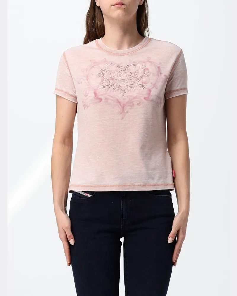 Diesel Slim-Fit-T-Shirt aus Baumwolle mit Strass-Logo vorne Pink