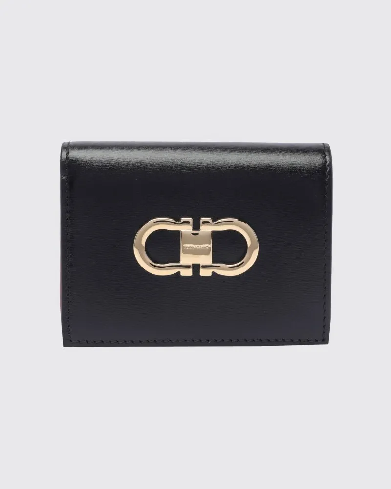 Ferragamo Gancini Bifold-Geldbörse aus Palmellato-Leder mit Metalllogo Schwarz
