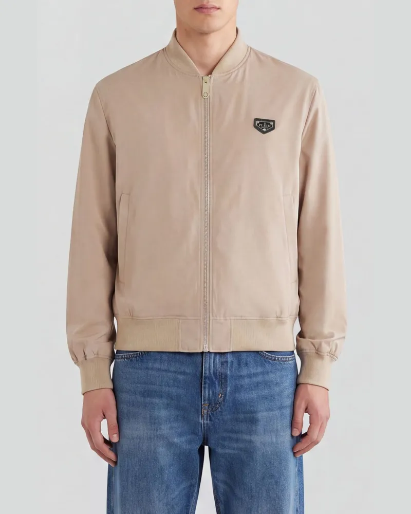 Philipp Plein Leichte Nylon-Bomberjacke mit ikonischem Kragen und Logo Beige