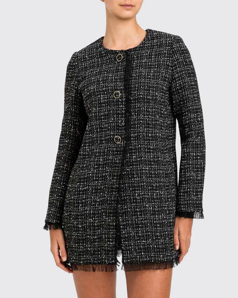 Twin-Set Kurze Tweed-Jacke mit Rundhalsausschnitt und Fransenrändern Schwarz