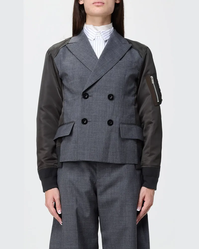 Sacai Kurzer zweireihiger Slim-Fit-Mantel von aus Wolle mit Nyloneinsätzen Grau
