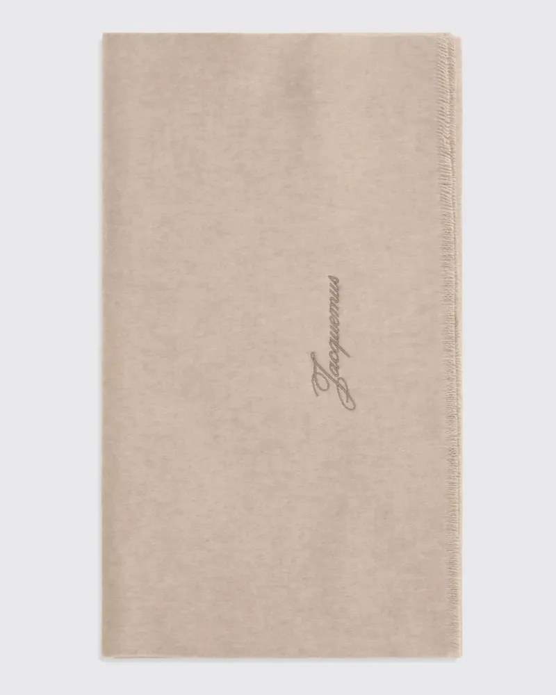 Jacquemus Schal aus Wolle und Kaschmir mit gesticktem Logo und Fransenrändern Beige