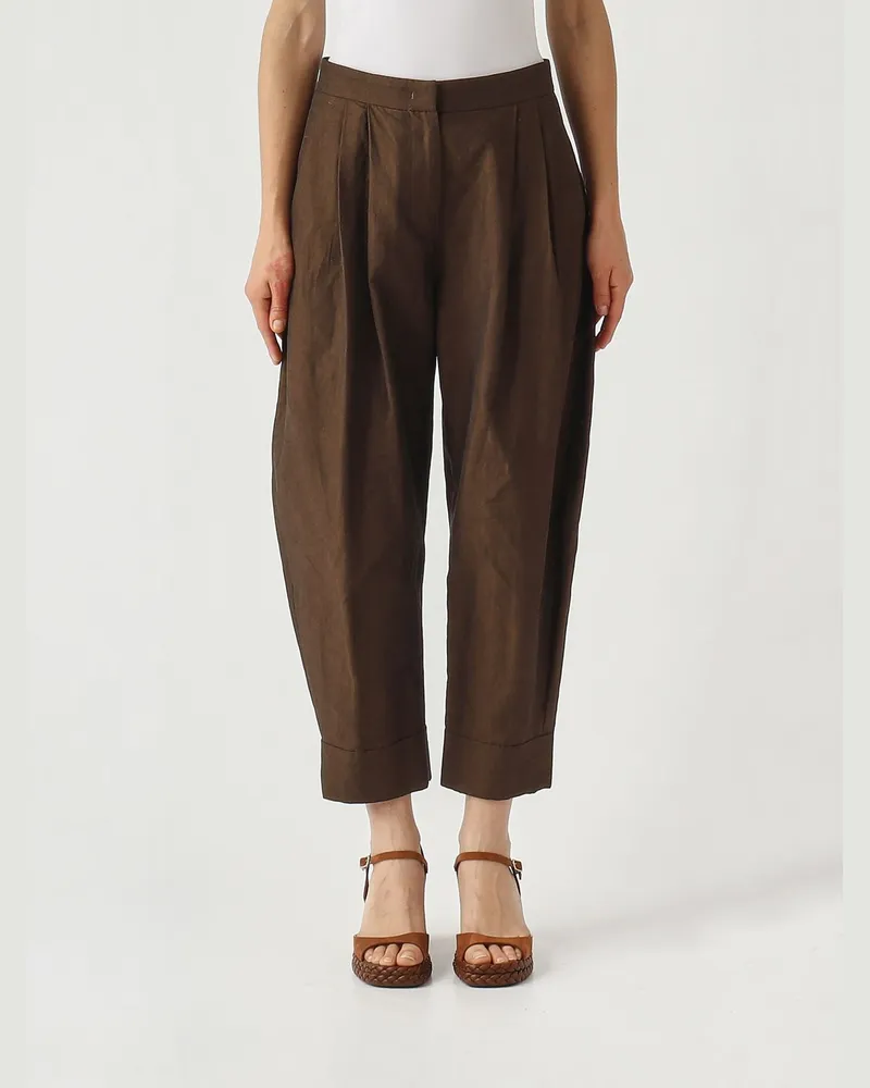 PT TORINO Cropped Fit Hose aus Baumwolle und Leinen Kakao