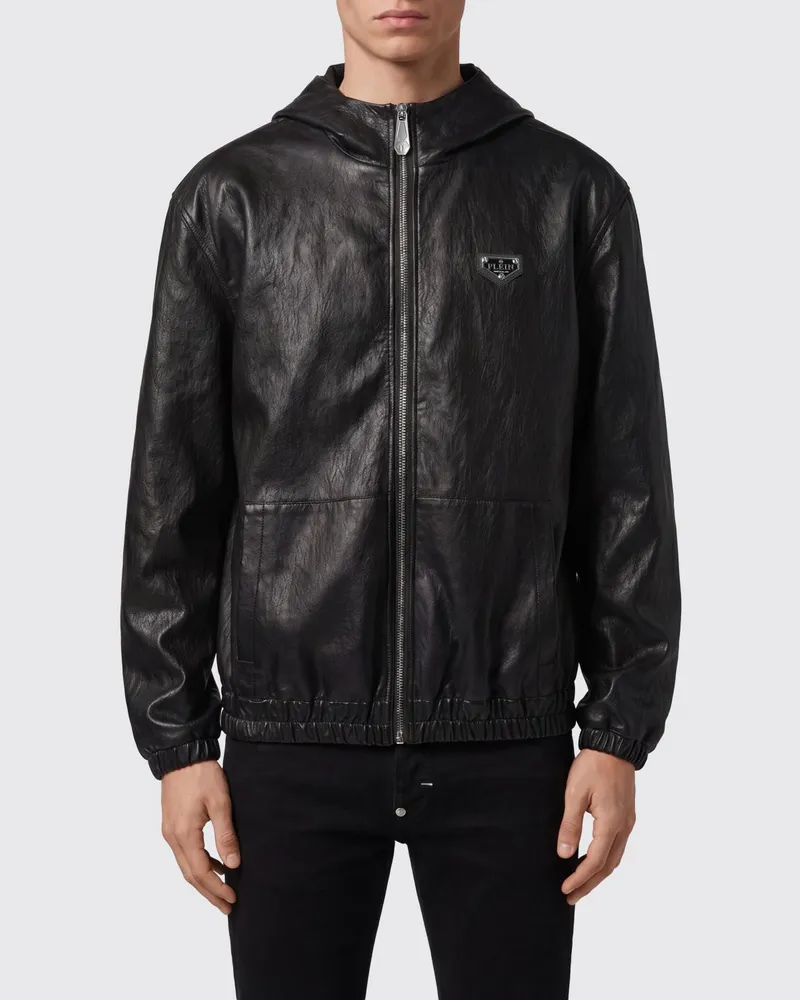 Philipp Plein Kapuzenjacke aus glattem Kalbsleder Schwarz