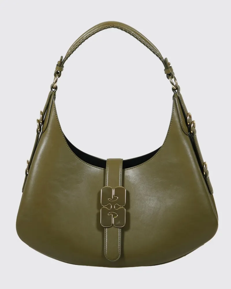 Ganni Kat Schultertasche aus recyceltem Leder mit Monogramm-Logo Grün