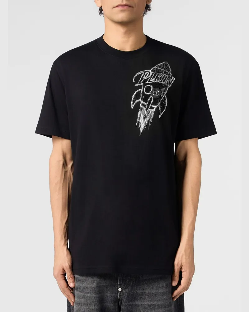 Philipp Plein Rundhals-T-Shirt aus Baumwolle mit Grafikdruck und Strasssteinen Schwarz