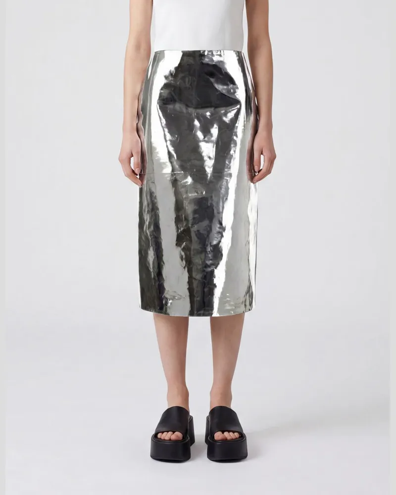 Jil Sander Hoch taillierter Midi-Bleistiftrock aus laminiertem Leder Silber