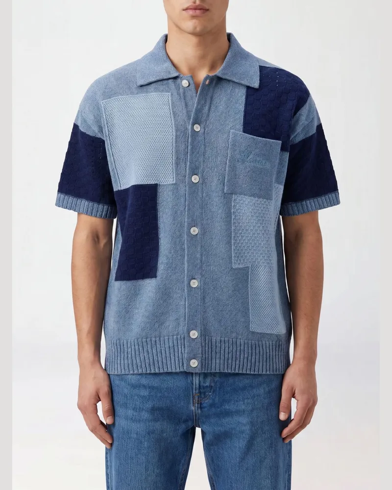 Laneus Bowlinghemd aus Baumwolle mit Patchwork-Print und elastischem Saum Denim