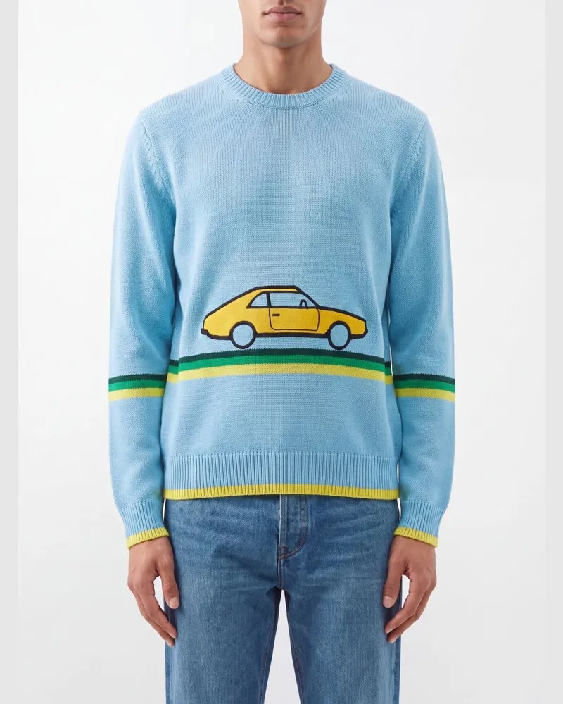 J.W.Anderson Gestreifter Baumwollpullover mit Rundhalsausschnitt und Aufdruck Blau