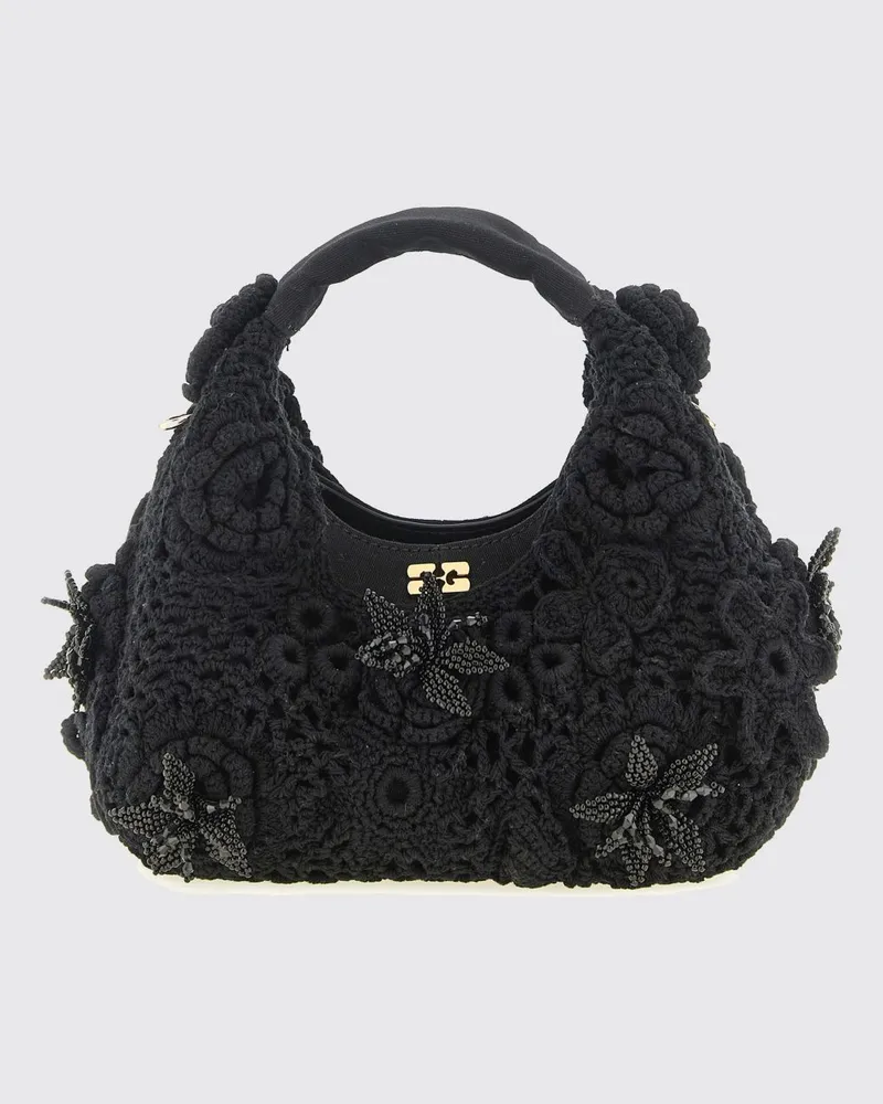 Ganni Häkel-Handtasche aus Bio-Baumwolle mit Butterfly-Logo Schwarz