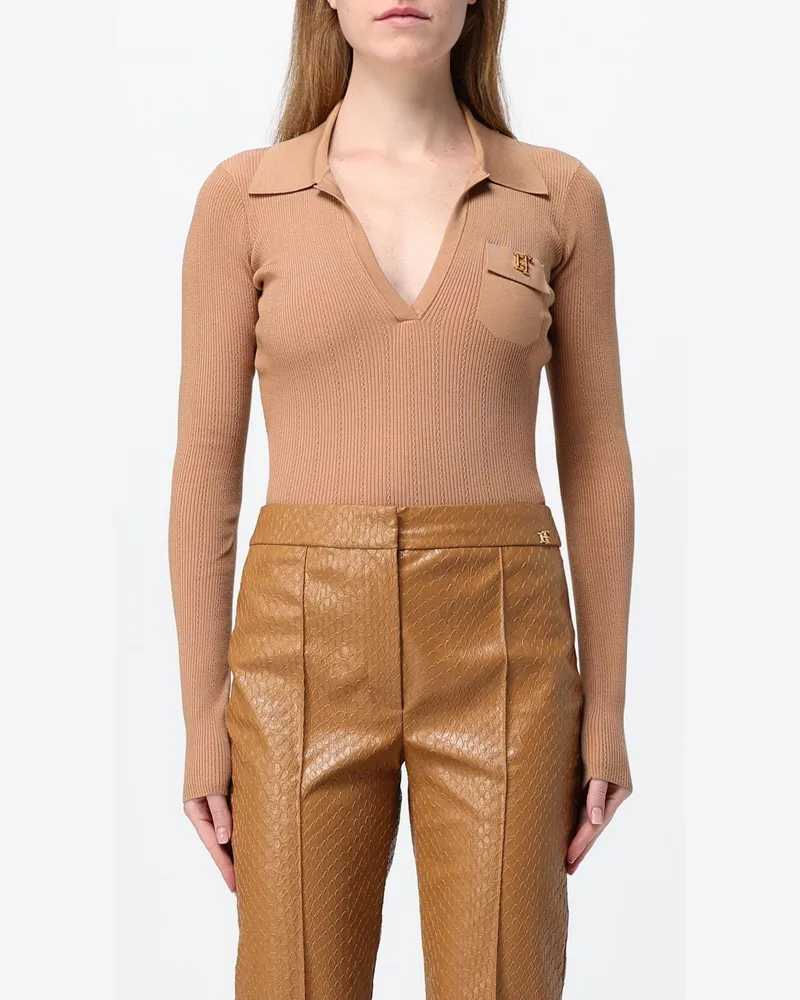Elisabetta Franchi Slim-Fit Body mit langen Ärmeln, V-Ausschnitt und Rüschen Beige