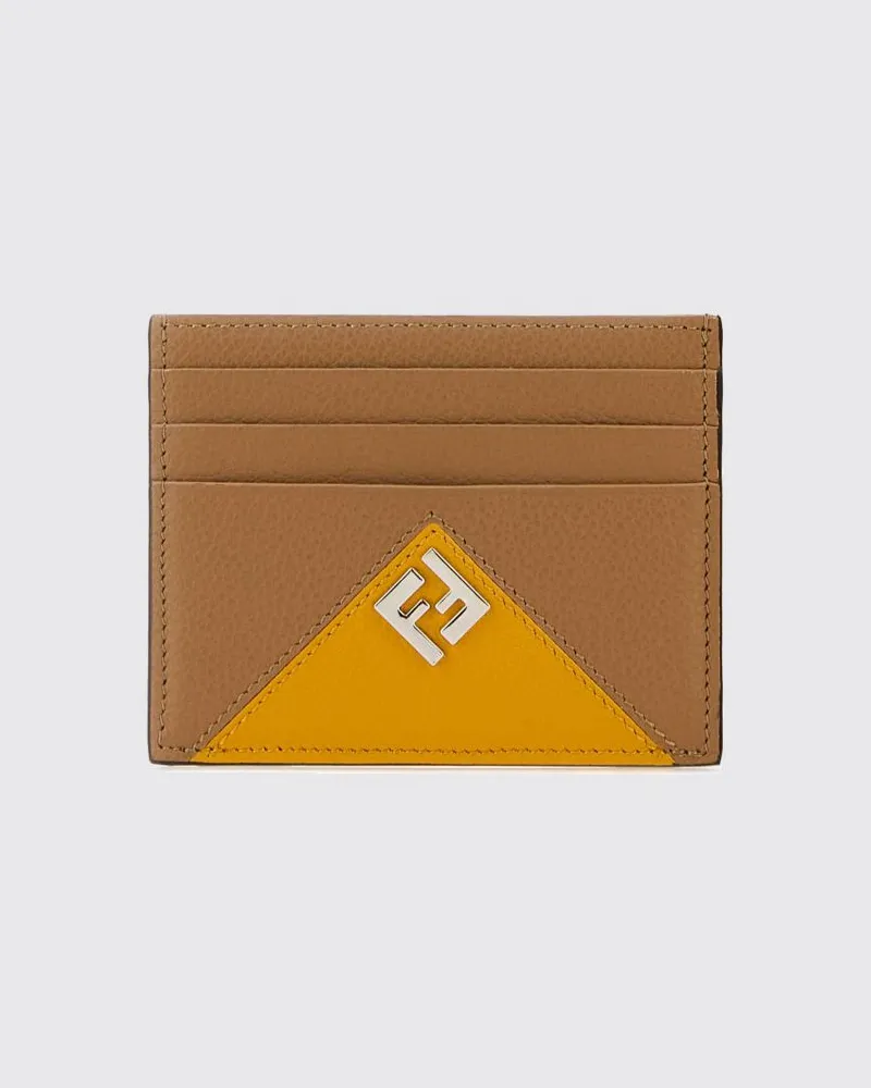Fendi Flaches Kartenetui Lui aus genarbtem Leder mit FF-Monogramm und Logo Gelb