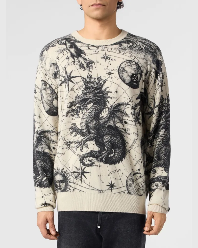 Philipp Plein Kaschmirpullover mit Rundhalsausschnitt mit Grafikdruck und Logo hinten Weiß