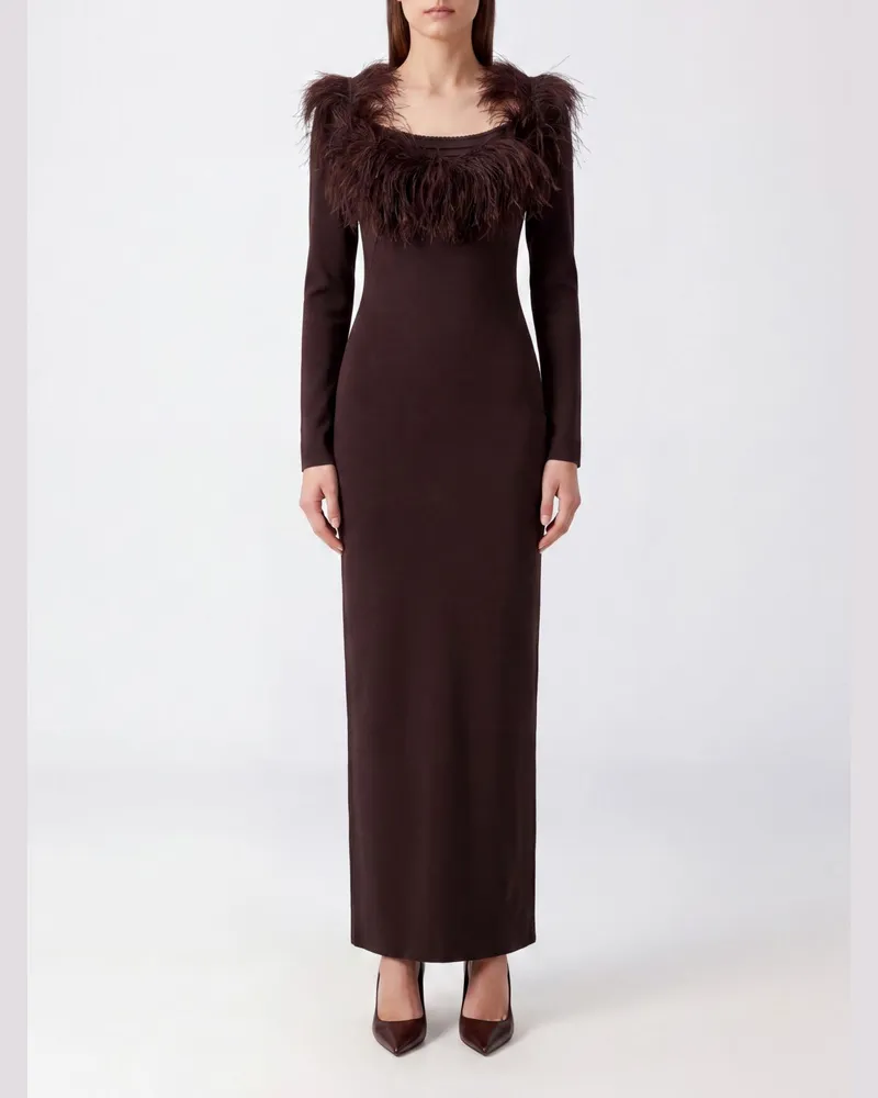 ATTICO Langes Abendkleid aus Leder mit Federapplikation Braun