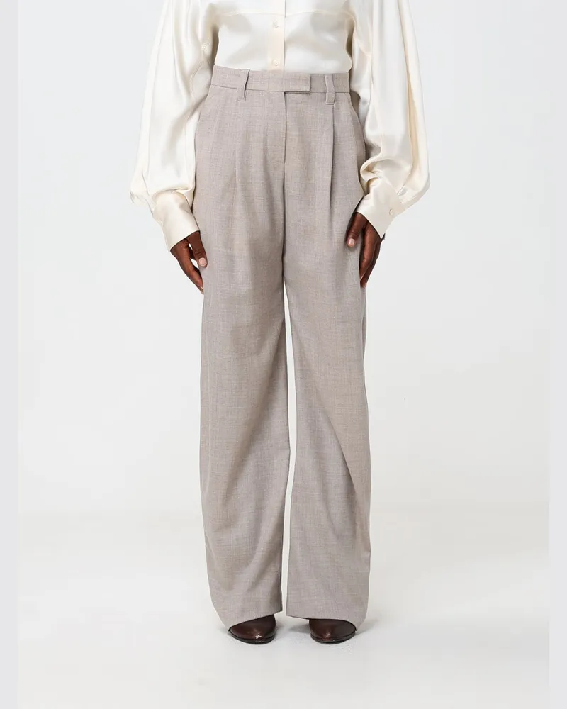 Brunello Cucinelli Weit geschnittene Wollhose mit hoher Taille, Bundfalten und Monili Beige