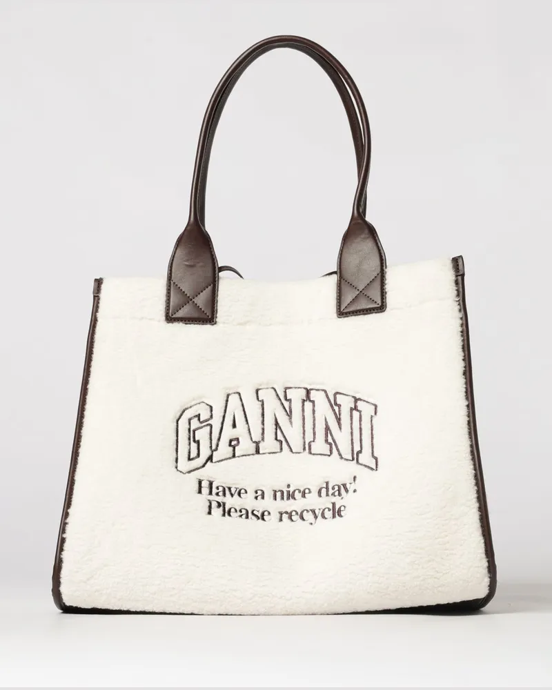 Ganni Tote-Bag aus Shearling und recyceltem Leder mit gesticktem Logo Weiß