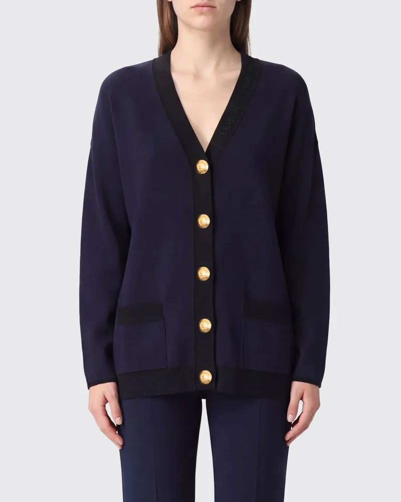 Elisabetta Franchi Strickjacke aus Schurwolle mit Kontrastbesätzen und Logo Blau