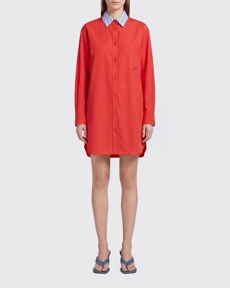Loewe Mini-Hemdblusenkleid aus Baumwolle von mit langen Ärmeln und Logostickerei Rot